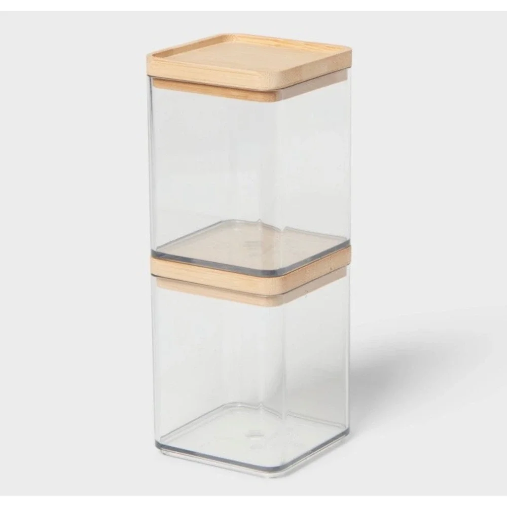 Minimalist Extra Small Clear Vanity Canister Bamboo Lid 2pk Stackable Brightroom